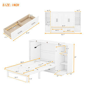English Elm Queen Wall Bed with Usb Charging Shelves and Drawers for Studio or Guest Room White LP000568AAK