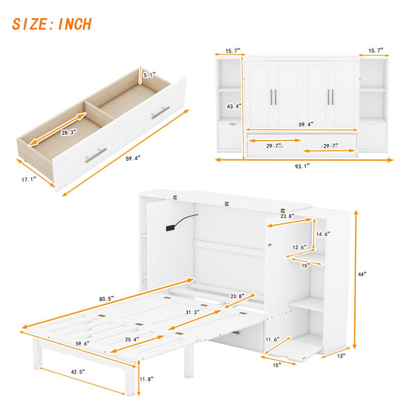 English Elm Queen Wall Bed with Usb Charging Shelves and Drawers for Studio or Guest Room White LP000568AAK