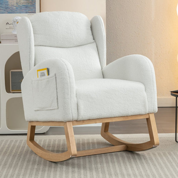 English Elm 049-teddy Plush Wingback Rocking Chair Solid Wood Base Nursery and Living Room Comfort Ivory W527P147427