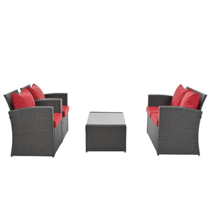 English Elm Patio Furniture Sets - Stylish Red Pe Wicker Lounge Set With Plush Cushions & Tempered Glass Tabletop W1703S00009-GIGA