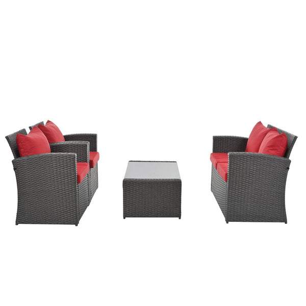 English Elm Patio Furniture Sets - Stylish Red Pe Wicker Lounge Set With Plush Cushions & Tempered Glass Tabletop W1703S00009-GIGA