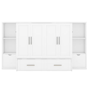 English Elm Queen Wall Bed with Usb Charging Shelves and Drawers for Studio or Guest Room White LP000568AAK