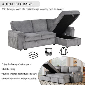 English Elm U_style Sleeper Sectional Sofa with Fold Out Twin Bed Cup Holders and Armrest Pockets Gray WY000372AAE