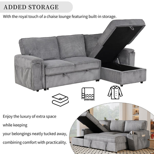 English Elm U_style Sleeper Sectional Sofa with Fold Out Twin Bed Cup Holders and Armrest Pockets Gray WY000372AAE