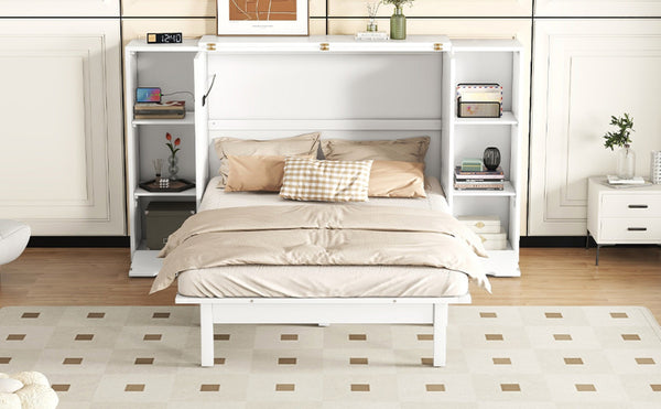 English Elm Queen Wall Bed with Usb Charging Shelves and Drawers for Studio or Guest Room White LP000568AAK