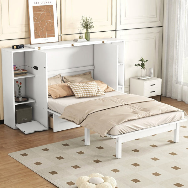 English Elm Queen Wall Bed with Usb Charging Shelves and Drawers for Studio or Guest Room White LP000568AAK