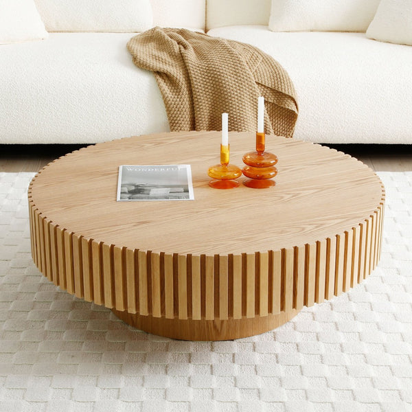 English Elm 31.49'' Round Mdf Pedestal Coffee Table Matte Black Finish Modern Apartment Living Natural Ash W876P147628