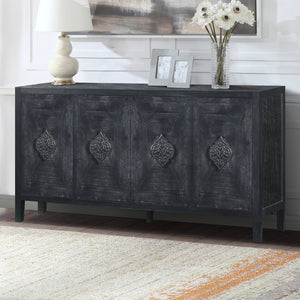 English Elm Carved Floral Handle Pine Veneer Sideboard Antique Four Door Buffet Cabinet W1445P146387