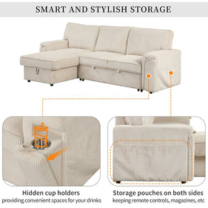 English Elm U_style Sleeper Sectional Sofa with Fold Out Twin Bed Cup Holders and Armrest Pockets Beige WY000372AAA