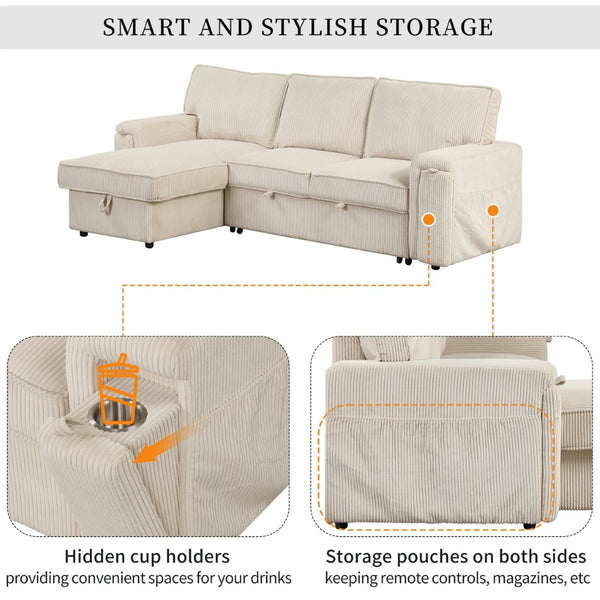 English Elm U_style Sleeper Sectional Sofa with Fold Out Twin Bed Cup Holders and Armrest Pockets Beige WY000372AAA