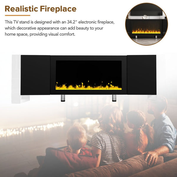 English Elm On-trend Gloss Media Console with Built-in Electric Fireplace for Living Rooms Black SD000029AAB