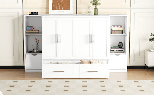 English Elm Queen Wall Bed with Usb Charging Shelves and Drawers for Studio or Guest Room White LP000568AAK