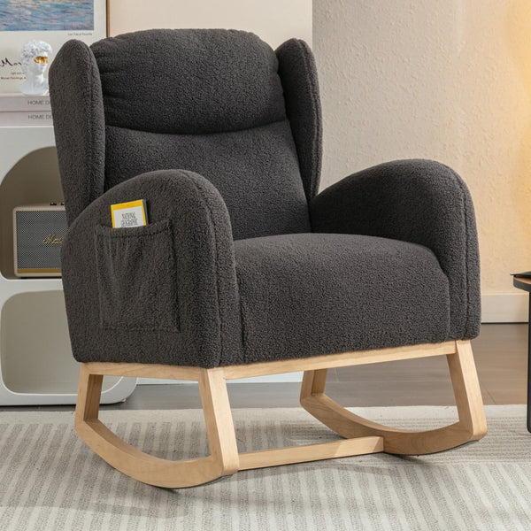 English Elm 049-teddy Plush Wingback Rocking Chair Solid Wood Base Nursery and Living Room Comfort Dark Gray W527P147433