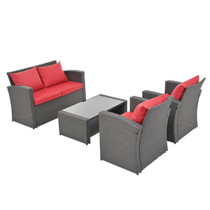English Elm Patio Furniture Sets - Stylish Red Pe Wicker Lounge Set With Plush Cushions & Tempered Glass Tabletop W1703S00009-GIGA
