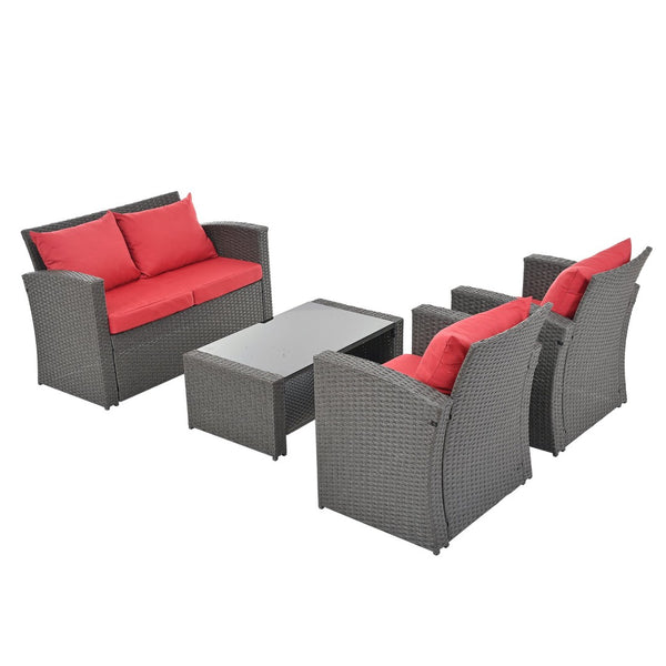 English Elm Patio Furniture Sets - Stylish Red Pe Wicker Lounge Set With Plush Cushions & Tempered Glass Tabletop W1703S00009-GIGA