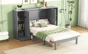 English Elm Queen Wall Bed with Usb Charging Shelves and Drawers for Studio or Guest Room Gray LP000568AAE