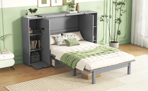 English Elm Queen Wall Bed with Usb Charging Shelves and Drawers for Studio or Guest Room Gray LP000568AAE
