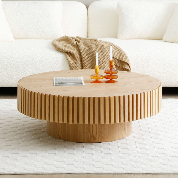 English Elm 35.43'' Round Mdf Pedestal Coffee Table Fluted Sculptural Base for Modern Living Rooms Natural Ash W876P353899