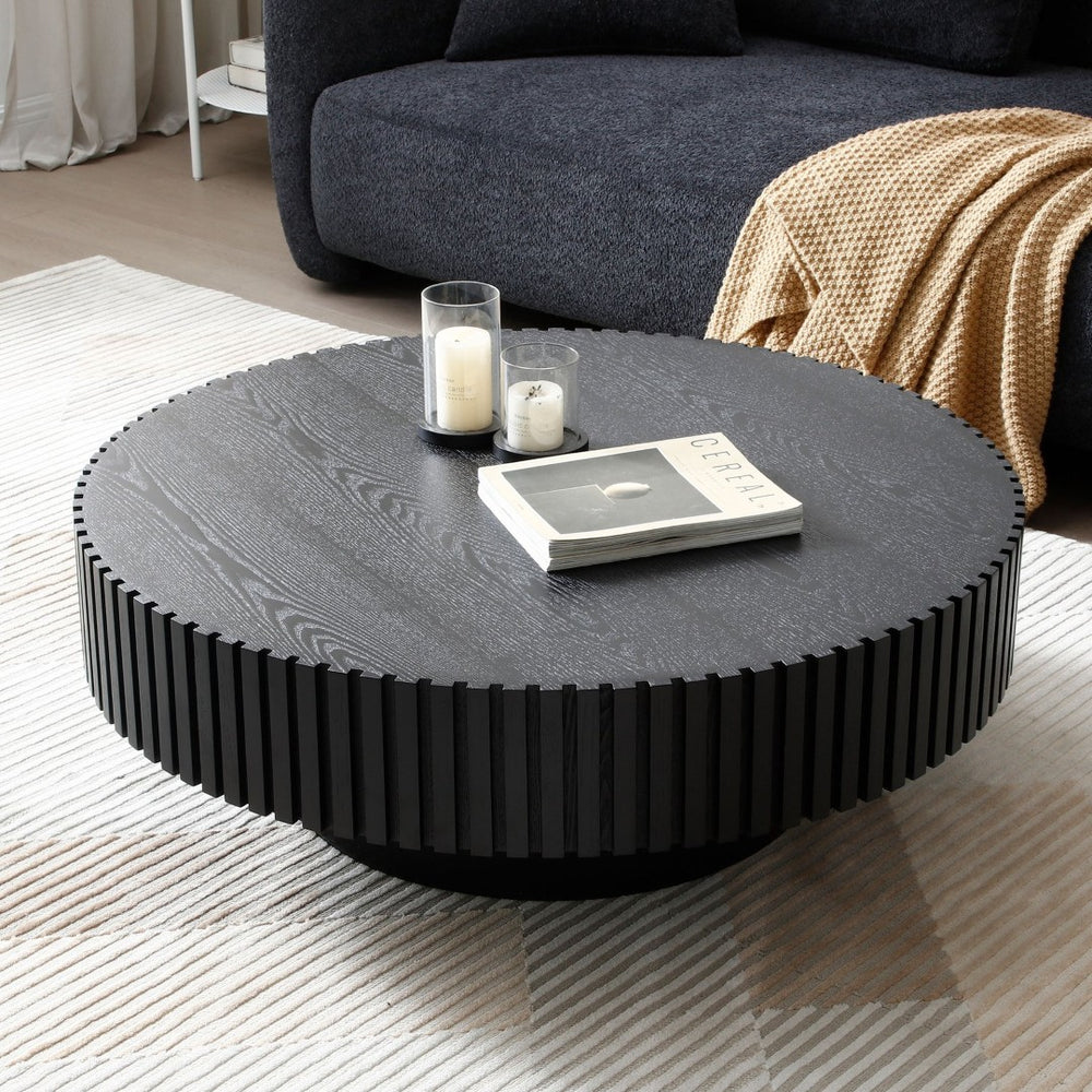 English Elm Black Round Drum Pedestal Coffee Table Matte Mdf Modern Base for Living Room W876P252816