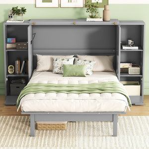 English Elm Queen Wall Bed with Usb Charging Shelves and Drawers for Studio or Guest Room Gray LP000568AAE