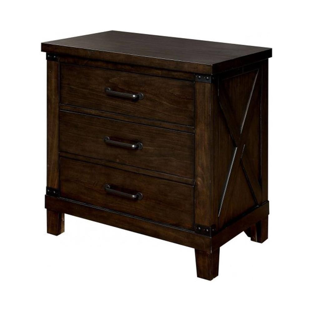 English Elm Rustic Dark Walnut Nightstand 3-Drawer Solid Wood Bedside Table with Felt-Lined Top Drawers, Black Pulls B011P156649