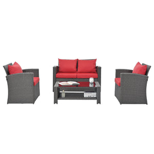 English Elm Patio Furniture Sets - Stylish Red Pe Wicker Lounge Set With Plush Cushions & Tempered Glass Tabletop W1703S00009-GIGA