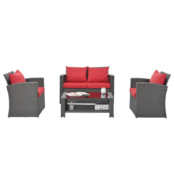 English Elm Patio Furniture Sets - Stylish Red Pe Wicker Lounge Set With Plush Cushions & Tempered Glass Tabletop W1703S00009-GIGA