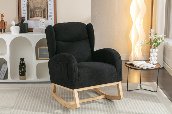 English Elm 049-teddy Plush Wingback Rocking Chair Solid Wood Base Nursery and Living Room Comfort Black W527P147437