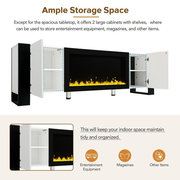 English Elm On-trend Gloss Media Console with Built-in Electric Fireplace for Living Rooms White SD000029AAK