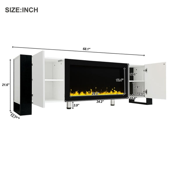 English Elm On-trend Gloss Media Console with Built-in Electric Fireplace for Living Rooms White SD000029AAK