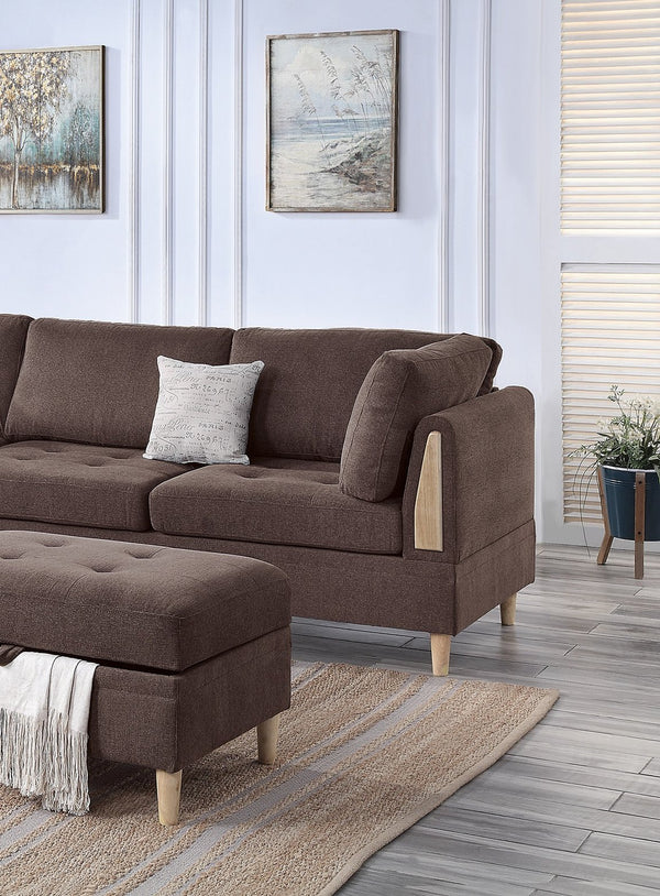 English Elm 3-PCS Reversible Sectional Sofa Set with Tufted Chenille, Storage Ottoman & Accent Pillows, Modern Design Chocolate 35 L x 16 W x 77 H B011S00721