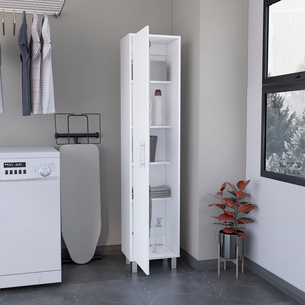 English Elm Laska 70" Tall Storage Cabinet in White — Space-Saving Broom Closet with Hanger & Five Adjustable Shelves B200P239805