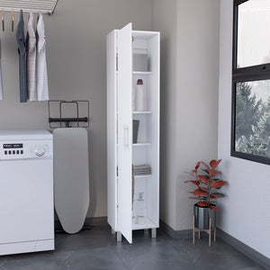 English Elm Storage Cabinet with Four Interior Shelves, Three Broom Hangers, Metal Legs for Organized Storage White 69.68 L x 20.07 W x 3.54 H B097133240