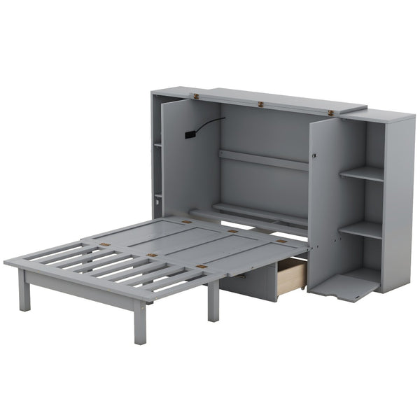 English Elm Queen Wall Bed with Usb Charging Shelves and Drawers for Studio or Guest Room Gray LP000568AAE