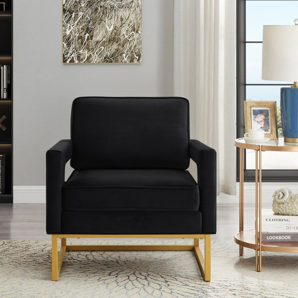 English Elm Modern Velvet Accent Chair with Gold Iron Base Open Arms Glam Living Room Seat Black W2186P148522