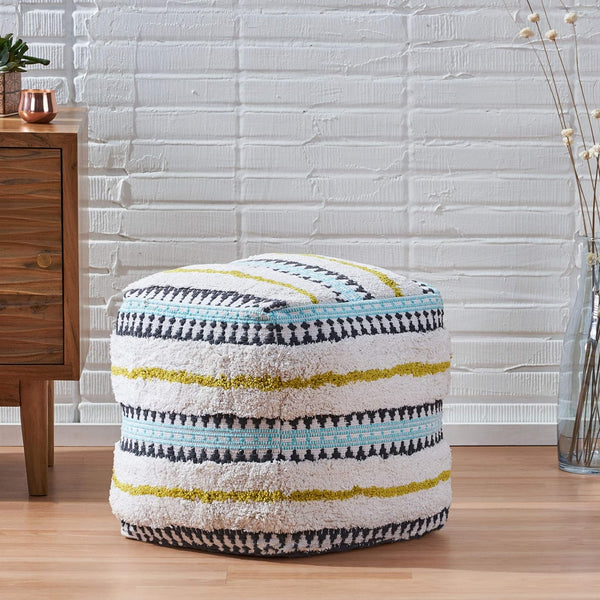 English Elm Christopher Knight Home® - WOVEN Cotton Pouf Multi-Color Handwoven Boho Cube Ottoman, Removable Zipper Cover & Poly Beads - 18" 67867.00