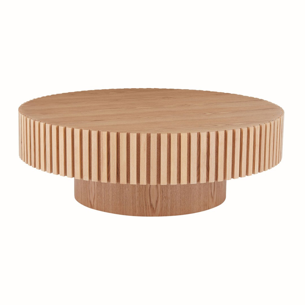 English Elm 35.43'' Round Mdf Pedestal Coffee Table Fluted Sculptural Base for Modern Living Rooms Natural Ash W876P353899