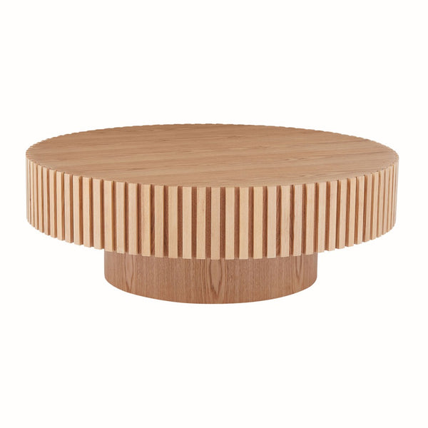 English Elm Natural Ash Tone Round Drum Coffee Table Handcrafted Relief Mdf for Living Room W876P188696
