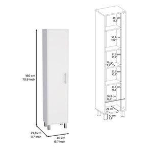 English Elm Storage Cabinet with Four Interior Shelves, Three Broom Hangers, Metal Legs for Organized Storage White 69.68 L x 20.07 W x 3.54 H B097133240