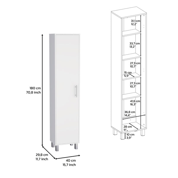 English Elm Storage Cabinet with Four Interior Shelves, Three Broom Hangers, Metal Legs for Organized Storage White 69.68 L x 20.07 W x 3.54 H B097133240