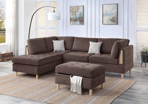 English Elm 3-PCS Reversible Sectional Sofa Set with Tufted Chenille, Storage Ottoman & Accent Pillows, Modern Design Chocolate 35 L x 16 W x 77 H B011S00721