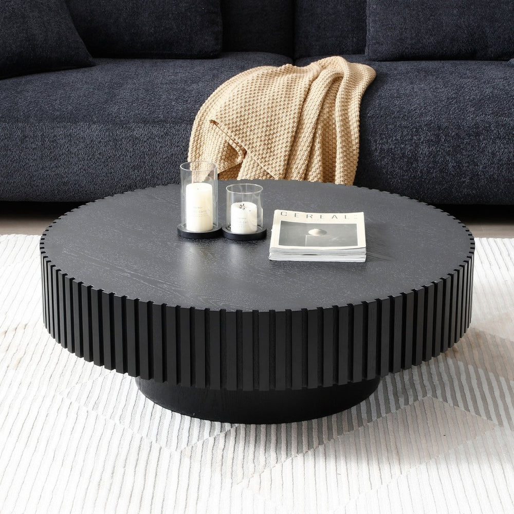 English Elm 31.49'' Round Mdf Pedestal Coffee Table Matte Black Finish Modern Apartment Living W876P147627