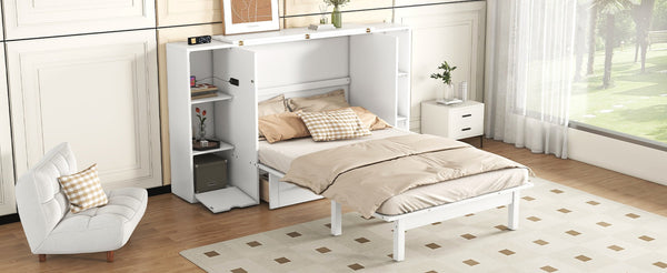 English Elm Queen Wall Bed with Usb Charging Shelves and Drawers for Studio or Guest Room White LP000568AAK