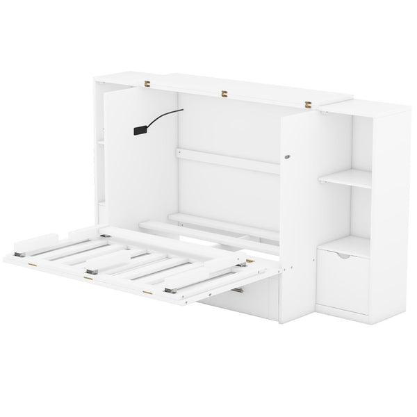 English Elm Queen Wall Bed with Usb Charging Shelves and Drawers for Studio or Guest Room White LP000568AAK