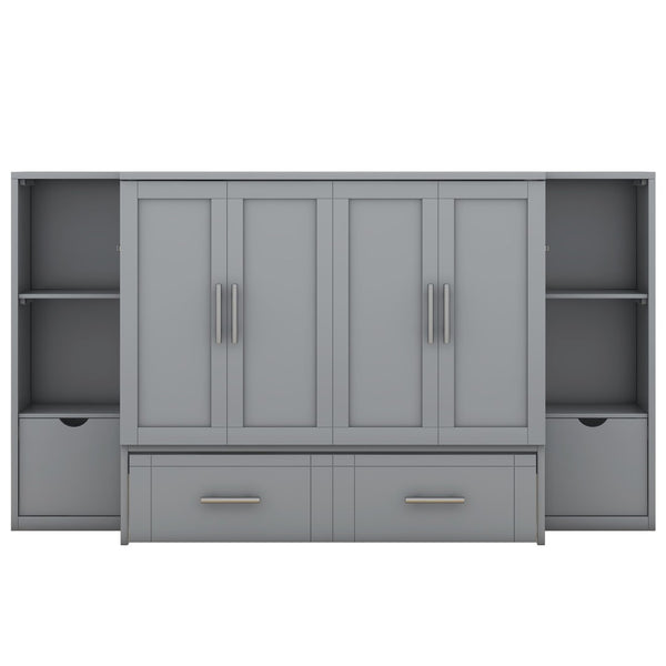 English Elm Queen Wall Bed with Usb Charging Shelves and Drawers for Studio or Guest Room Gray LP000568AAE