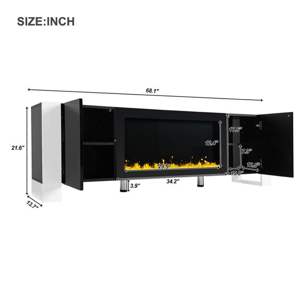 English Elm On-trend Gloss Media Console with Built-in Electric Fireplace for Living Rooms Black SD000029AAB