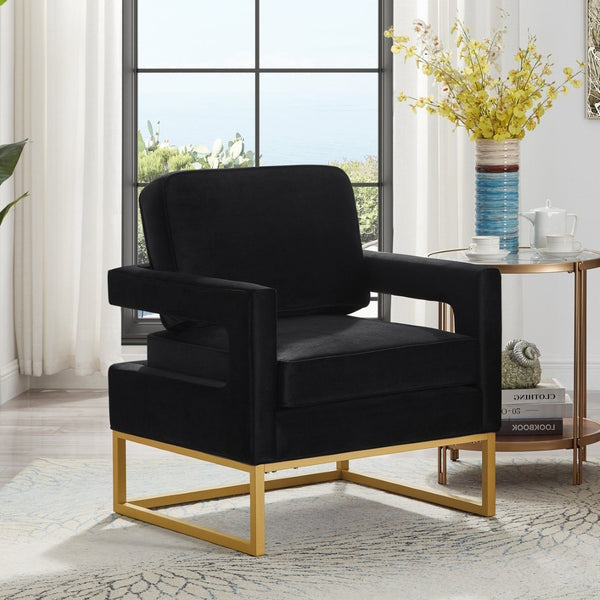 English Elm Modern Velvet Accent Chair with Gold Iron Base Open Arms Glam Living Room Seat Black W2186P148522