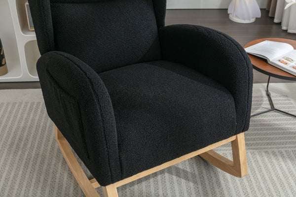 English Elm 049-teddy Plush Wingback Rocking Chair Solid Wood Base Nursery and Living Room Comfort Black W527P147437
