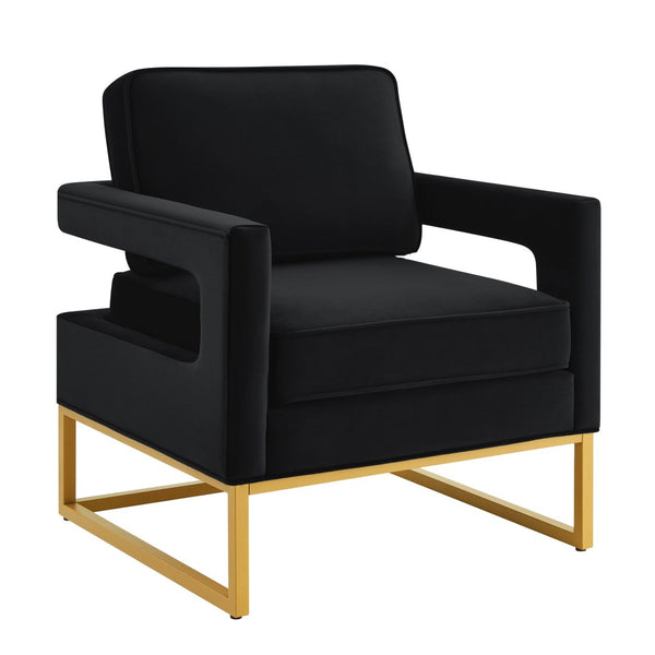 English Elm Modern Velvet Accent Chair with Gold Iron Base Open Arms Glam Living Room Seat Black W2186P148522