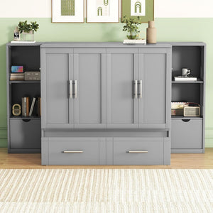 English Elm Queen Wall Bed with Usb Charging Shelves and Drawers for Studio or Guest Room Gray LP000568AAE